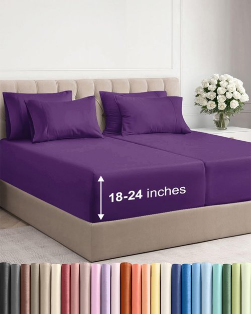Extra Deep Split King Sheet Set - 7 Piece Breathable and Cooling Sheets - Hotel Luxury Bedding for Women, Men, Kids & Teens - Easy & Secure Fit - Soft and Wrinkle Free - Extra Deep Pockets - Purple
