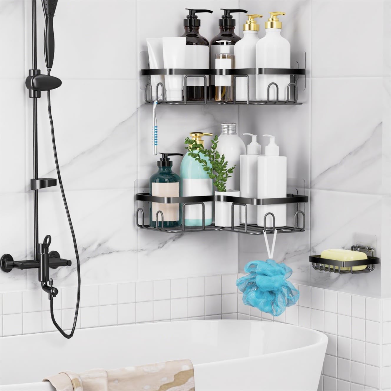 Moforoco Corner Shower Caddy - Self-Adhesive Black Organizer Shelf for Bathroom Storage | RV Essentials