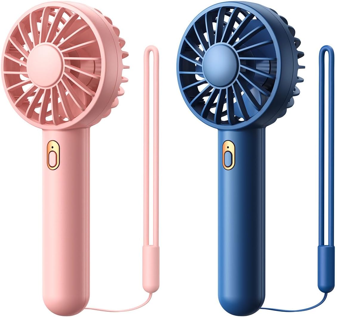 Warmco Mini Portable Fan 2-Pack | 3-Speed Rechargeable Handheld & Desk Fans for Travel & Summer (Blue & Pink)
