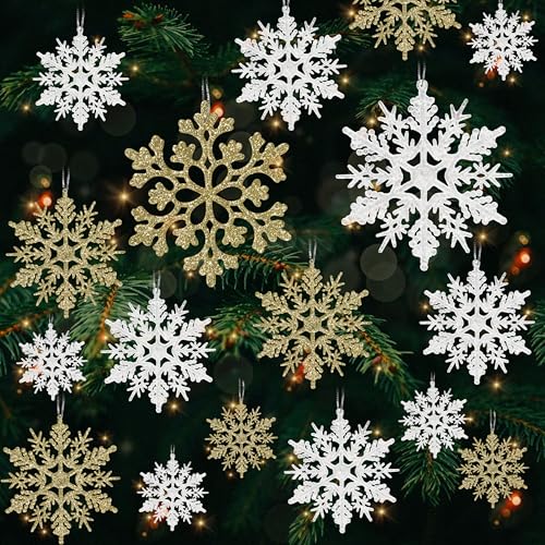 White Gold 36pcs Snowflake Ornaments Set - 4 Sizes, Glitter Plastic Christmas Decorations