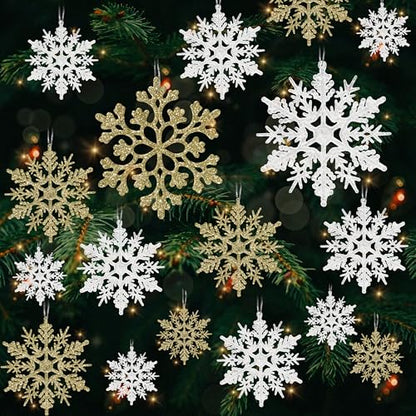 White Gold 36pcs Snowflake Ornaments Set - 4 Sizes, Glitter Plastic Christmas Decorations