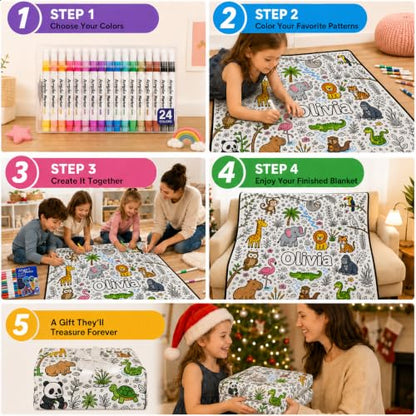 Personalized Jungle Animals Coloring Blanket with 24 Markers - Style 7, Fleece