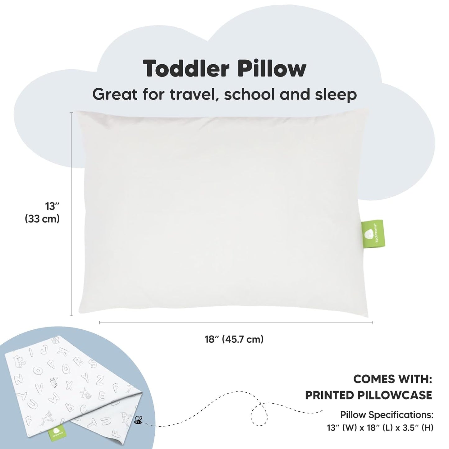 My Little Dreamy Toddler Pillow - Organic Cotton Travel Pillow with Soft Pillowcase | 13x18, Machine Washable, Ideal for Ages 2-5