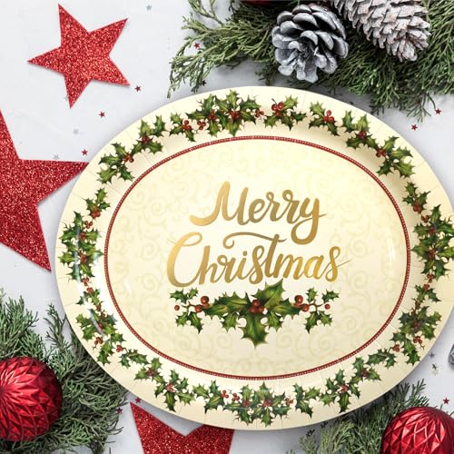 30Pcs Christmas Holly Paper Disposable Oval Plates 10x12 Inch Holiday Party Supplies