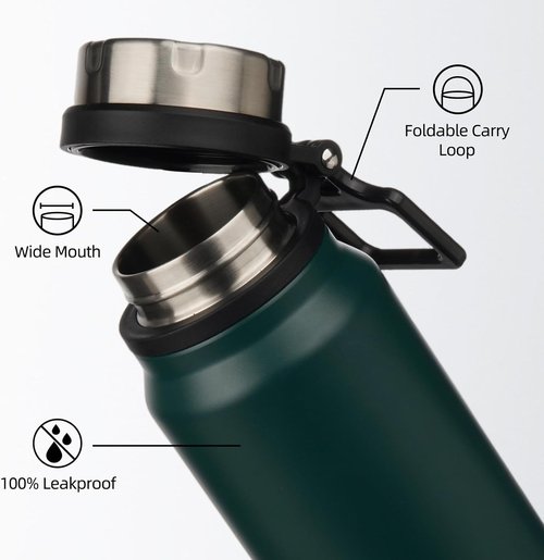 BJPKPK 40oz Insulated Water Bottle - BPA Free Stainless Steel Thermal Flask | Dark Green Color