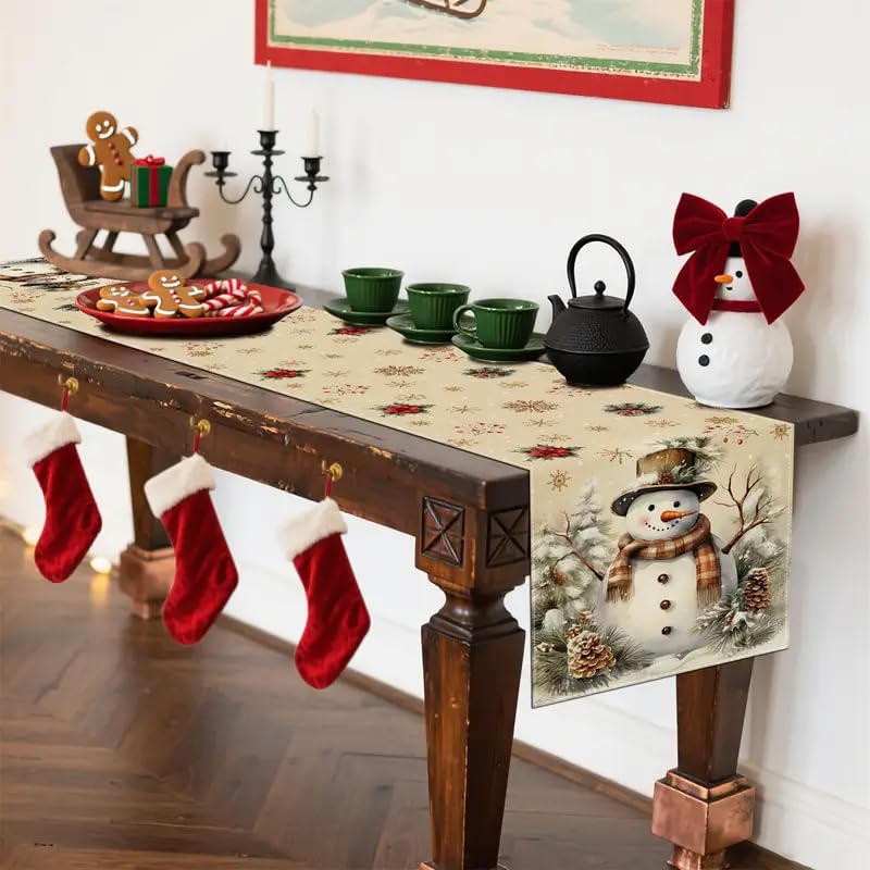 Multi Color Xmas Snowman Pine Cone Snowflake Table Runner 13x90 Inch Holiday Decor