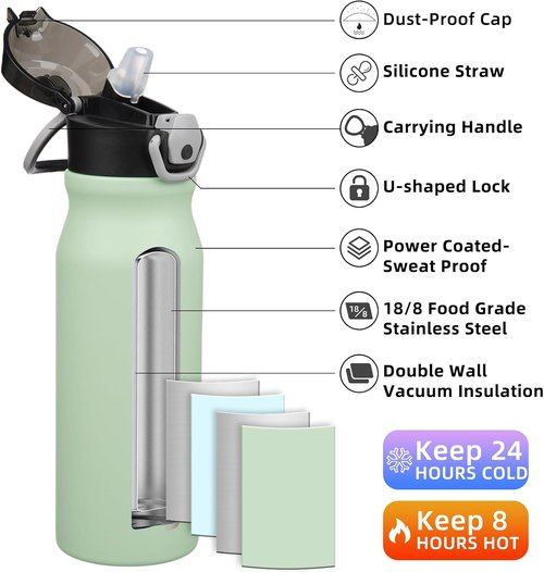 BJPKPK Insulated Water Bottle - 25oz Stainless Steel Flask with Straw & Carry Handle | Sage Color