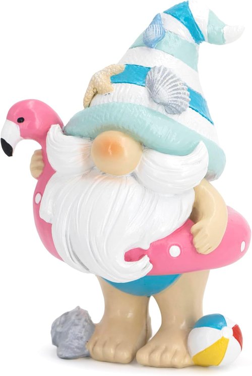 Hodao Coastal Ocean Gnome Decorations - Hand-Painted Beach Gnome Figurine with Flamingo Float & Seashell Hat
