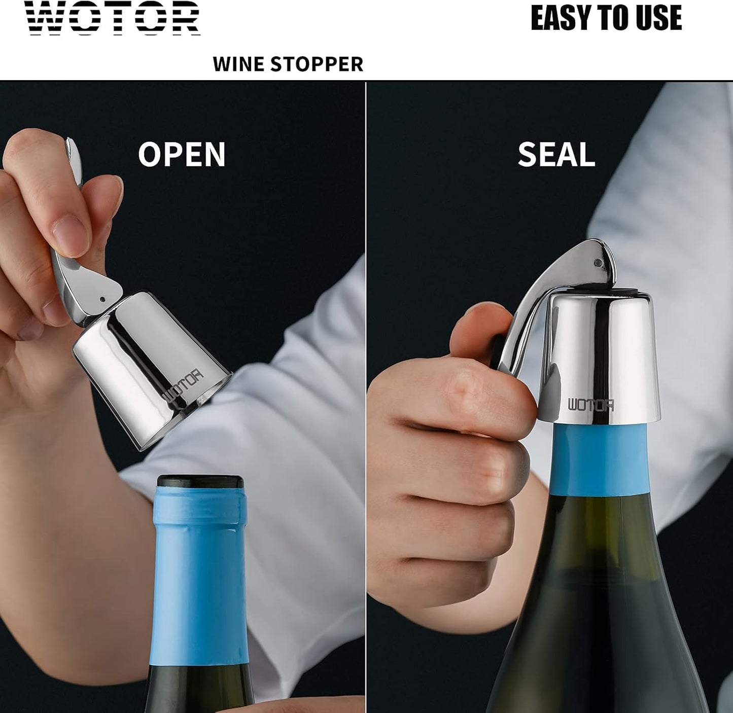 WOTOR Wine Stoppers Stainless Steel Wine Bottle stopper Plug with Silicone Reusable Wine Saver Leak proof Keep Fresh Silver 3 pack