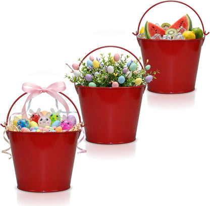 PLEXON Metal Ice Bucket for Parties Coctail Bar Restaurant - Drink Beer Champagne Beverage Pail Bucket with Handle for Valentines Day, Galvanized Steel, 1.3 Gallon, Red, Set of 3