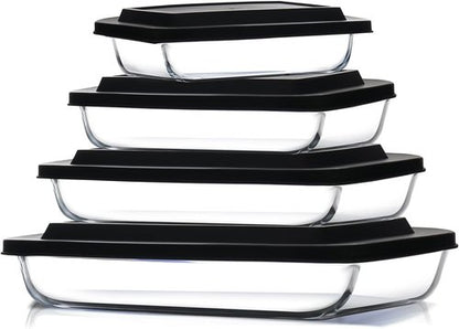 EATEX 8-Piece Deep Glass Casserole Set - Oven-Safe Bakeware with Plastic Lids | Perfect for Lasagna & Leftovers