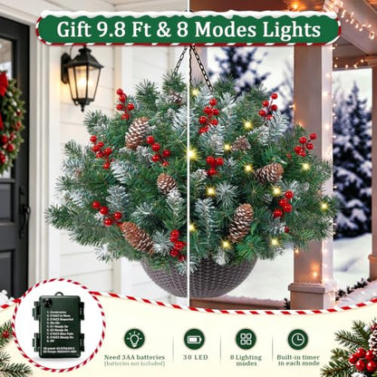 24 Inch Artificial Christmas Hanging Basket with Lights - Outdoor Decor - Variation 1