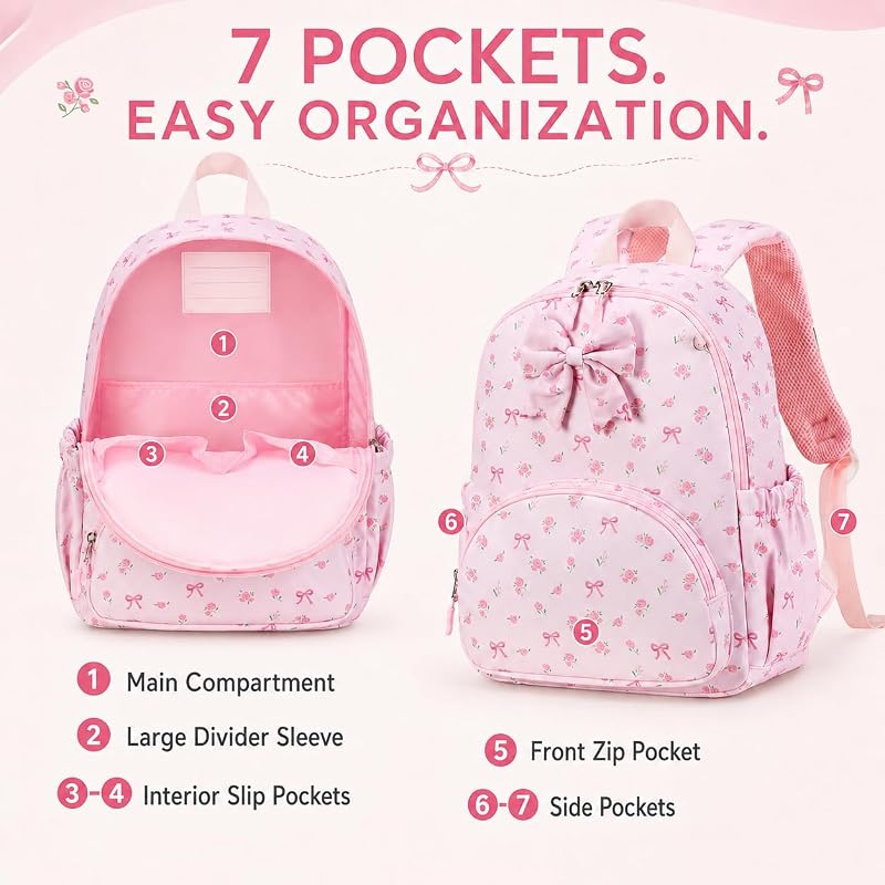 Preschool Backpack for Girls - Pink Floral Bow Kindergarten Bookbag (Variation: Pink Bow)