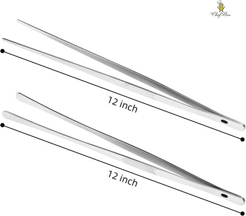 ChefBee Kitchen Cooking Tongs - 12" Stainless Steel Precision Tweezers with Serrated Tips for Culinary Use