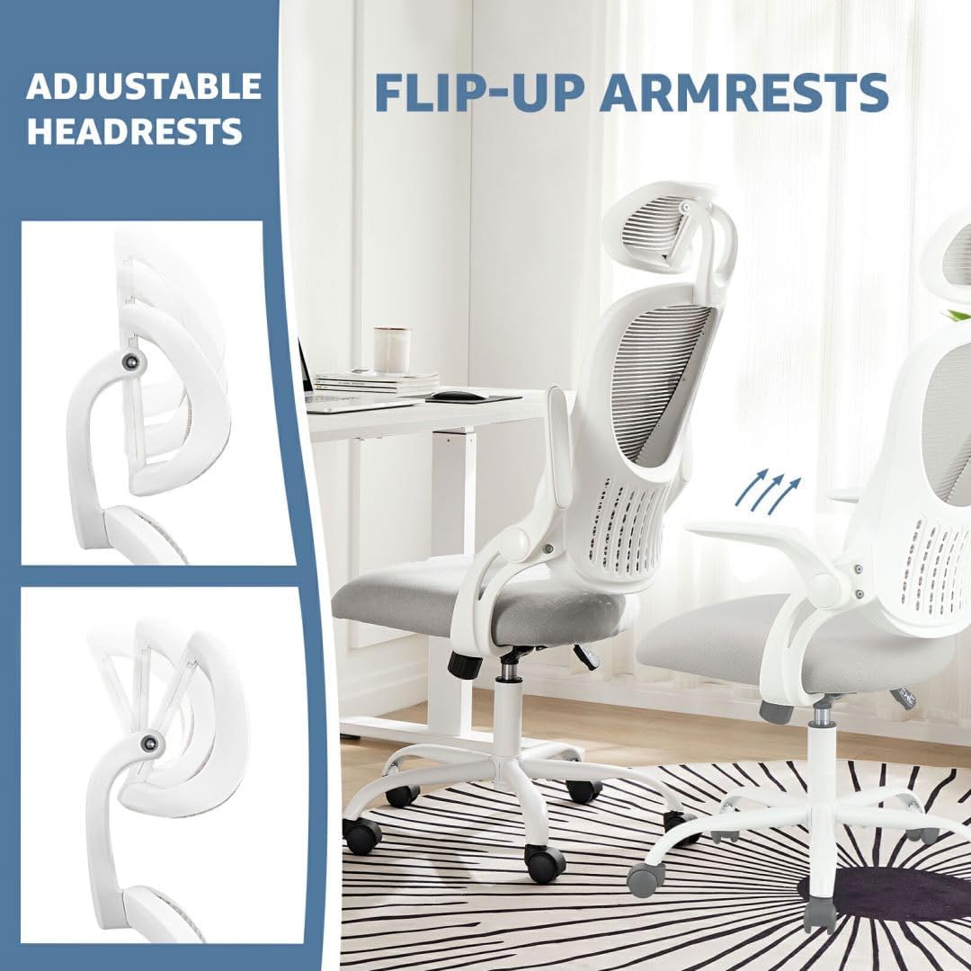 Skiennix Ergonomic Office Chair - Adjustable Lumbar Support & Flip-Up Armrests | High Back Mesh Taskchair in Grey