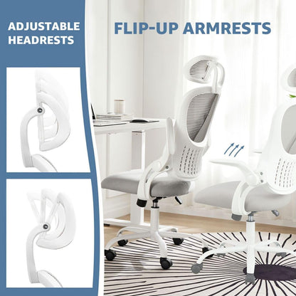 Skiennix Ergonomic Office Chair - Adjustable Lumbar Support & Flip-Up Armrests | High Back Mesh Taskchair in Grey