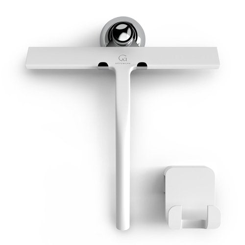 GÜTEWERK Silicone Shower Squeegee for Glass Doors & Mirrors with Stainless Steel Core, Streak-Free & No-Squeak Window Cleaning, 3-in-1 No-Drill Mount (Hook/Suction/Adhesive),White, 9 Inches