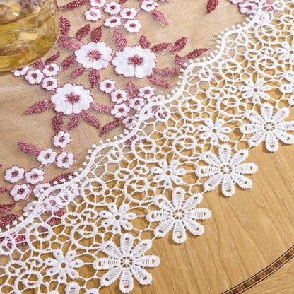 Dark Red Embroidered Floral Lace Tablecloth 33x33 Square with White & Red Variation