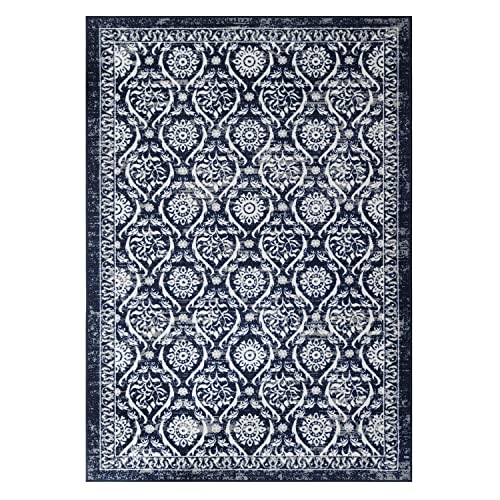 Antep Rugs Alfombras Non-Skid (Non-Slip) 5x7 Rubber Backing Floral Geometric Low Profile Pile Indoor Area Rugs (Navy Blue, 5' x 7')