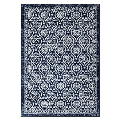 Antep Rugs Alfombras Non-Skid (Non-Slip) 5x7 Rubber Backing Floral Geometric Low Profile Pile Indoor Area Rugs (Navy Blue, 5' x 7')