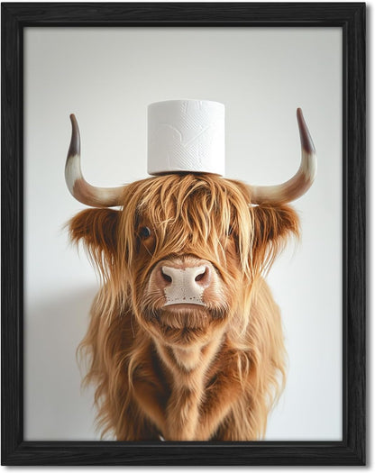 ZXDZSM Highland Cow Wall Art - Funny Rustic Bathroom Decor Canvas Print | 12x16 Inch Framed