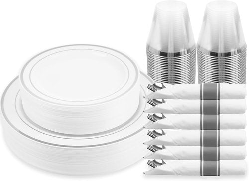 M MCIRCO Silver Dinnerware Set - 175 Pieces with Silver Rim Plates, Cups & Napkins for 25 Guests