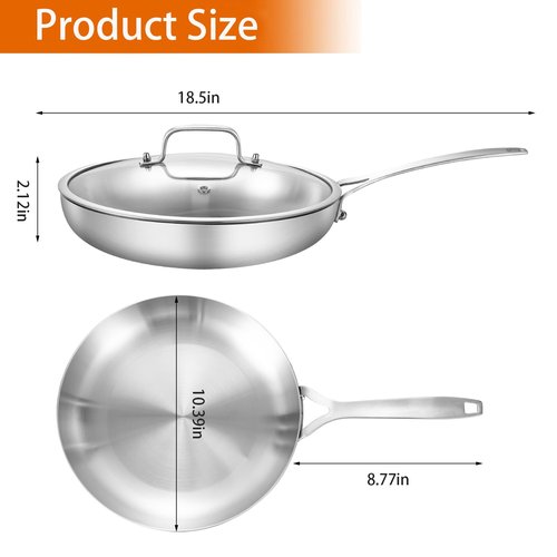 DELARLO 10inch Tri-Ply Stainless Steel Pan with lid, Induction Stainless Steel Frying Pan With Lid, Oven Safe Skillet 10in, Heat quickly and evenly, Durable Stainless Steel Cookware