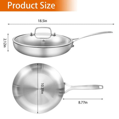 DELARLO 10inch Tri-Ply Stainless Steel Pan with lid, Induction Stainless Steel Frying Pan With Lid, Oven Safe Skillet 10in, Heat quickly and evenly, Durable Stainless Steel Cookware