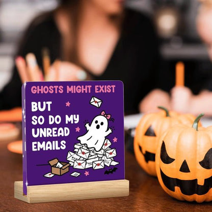 Funny Halloween Office Decor - Cute Ghost Acrylic Sign for Desk | 4x4 Inches - Perfect Work Gift