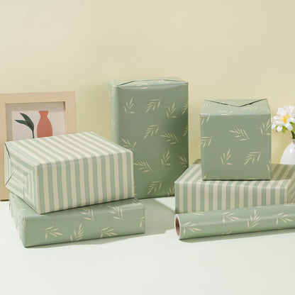 ZINTBIAL Reversible Gift Wrapping Paper Roll - Light Green & Beige Leaves Design - 17.5" x 33' (48 sq. ft.)
