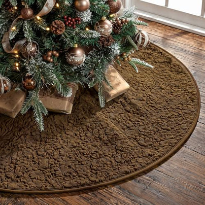 Christmas Embossing Tree Skirt Rug 48 Inch Brown with Floral Pattern - Chocolate Brown