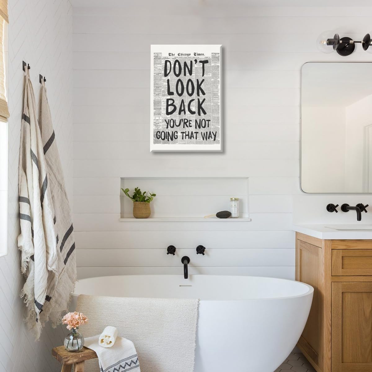 Skiennix Retro Black and White Newspaper Wall Art - "Don't Look Back" Positive Canvas Print | 12x18 Inch Unframed Aesthetic Poster for Bedroom Decor