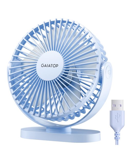 Gaiatop USB Desk Fan, 5.5 Inch Small Quiet Powerful 3 Speeds 90° Rotate, Personal Mini Portable Desktop Table Fans, Cooling for Home Office Car Travel Indoor Outdoor Blue