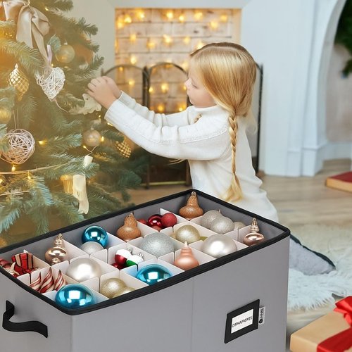 Christmas Ornament Storage Container - Large Adjustable Organizer Bin for 54 Ornaments, Zippered, Grey