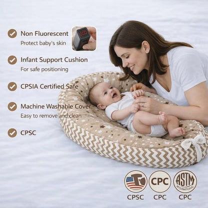 Aila+Aiden Baby Lounger - Organic Cotton Infant Lounger | Reversible & Portable Floor Lounger | Soft & Washable Cover - Star Collection (Tan)