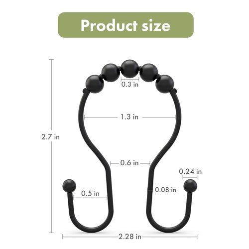 AmazerBath Shower Curtain Hooks Black Shower Curtain Rings, Metal Shower Curtain Hooks Rust Proof, Smooth Glide Double Shower Hooks Rings for Shower Curtain, Shower Rod Hooks 12Pcs