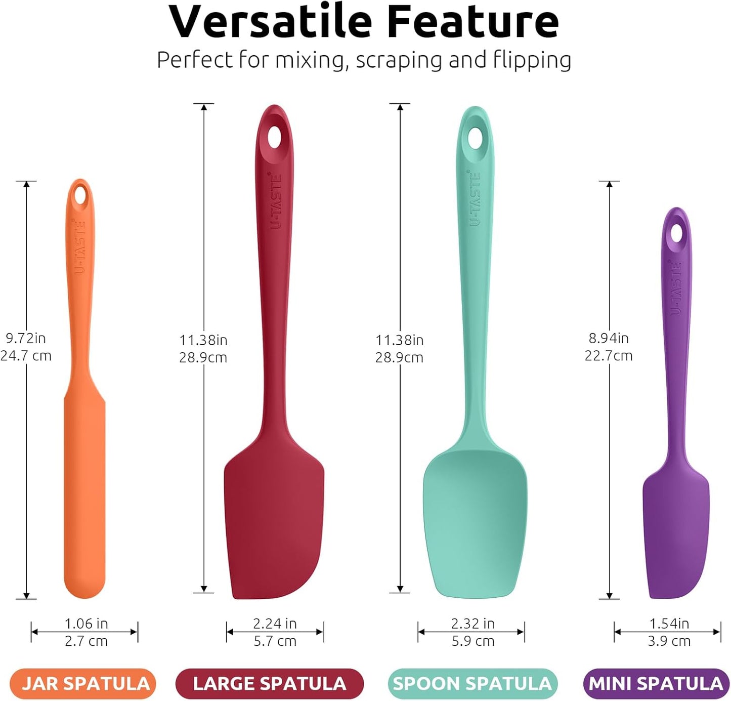 U-Taste Silicone Spatula Set - High Heat Resistant 600ºF Food Grade Rubber Kitchen Utensils | 4PCS Multicolor