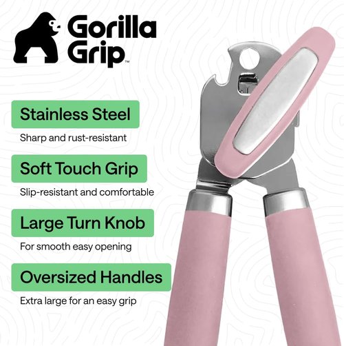 GORILLA GRIP Heavy Duty Can Opener - Smooth Edge Design with Comfortable Handle | Pink Color