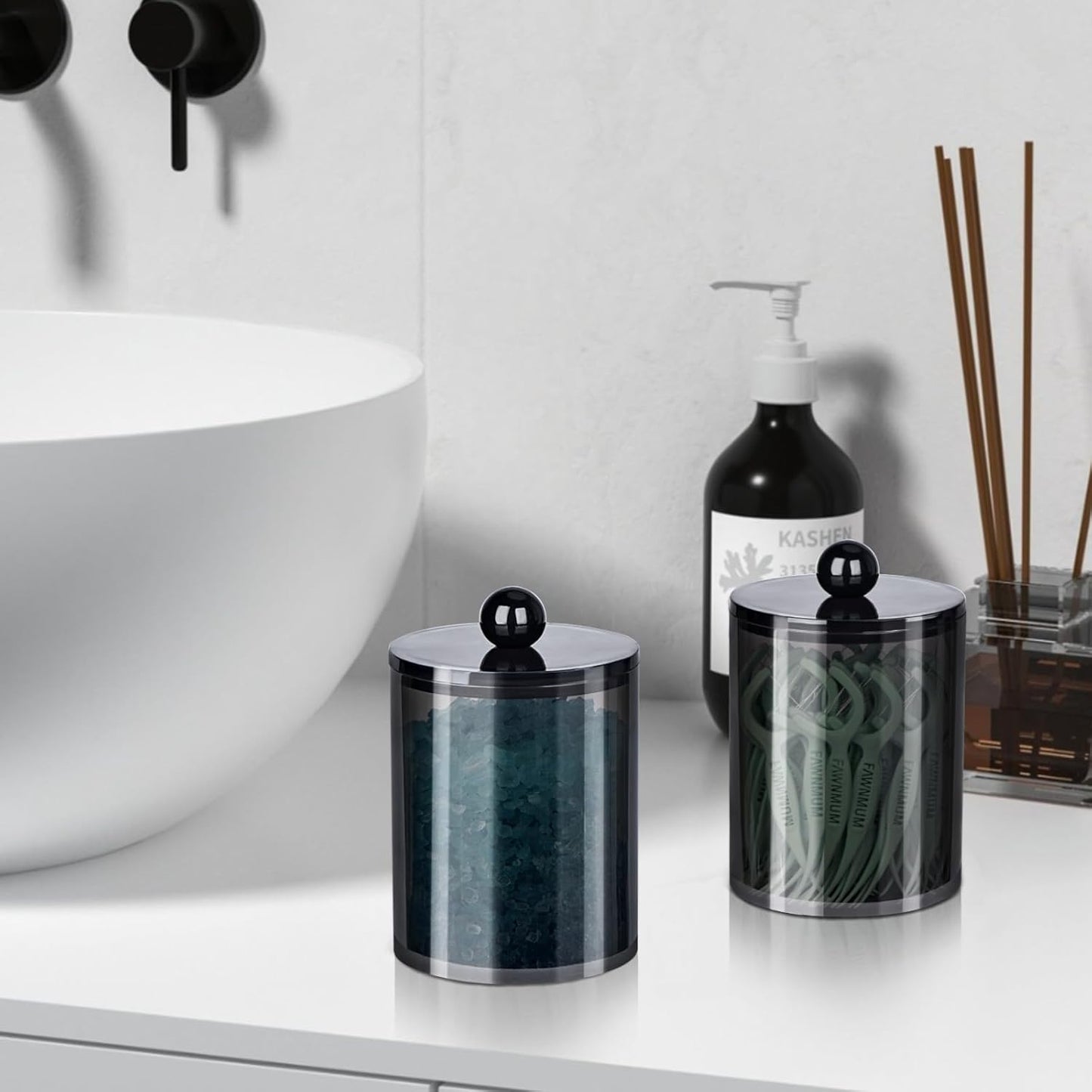 XIPENGKEJI Qtip Holder Set - Stylish Canister Jars for Cotton Swabs & Pads | 10oz-12oz Black Bathroom Organizers