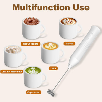 Skiennix Rechargeable Milk Frother - Handheld Electric Whisk with 2 Stainless Steel Whisks & 3 Speeds | Perfect for Coffee, Latte, Cappuccino, Matcha, Protein Shakes - White