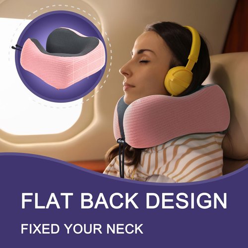 napfun Neck Pillow for Travel with Travel Pouch, Sleep Mask & Earplugs, Memory Foam Airplane Pillow for Headrest Sleep with Eyeshades, Plane Essentials with Eye Blindfold, Pink Striped Kit