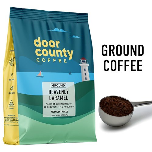 Door County Coffee - Heavenly Caramel Medium Roast - Sweet & Buttery Flavored Ground Coffee - 20 oz Bag