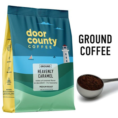Door County Coffee - Heavenly Caramel Medium Roast - Sweet & Buttery Flavored Ground Coffee - 20 oz Bag
