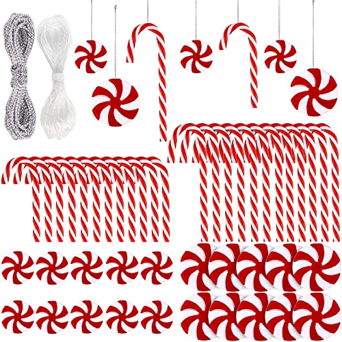48PCS Christmas Candy Cane Hanging Ornaments Set - Lollipop Decorations with Gold & Silver Wire - Holiday Tree Decor
