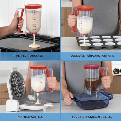 Skiennix Pancake Batter Dispenser - Easy Pour Tool for Perfect Pancakes, Waffles & Muffins - Red