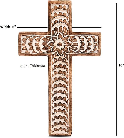 EDHAS Mango Wood Family Cross Decor - White Floral Carved Design | 10" x 6" x 0.5" Home Accent