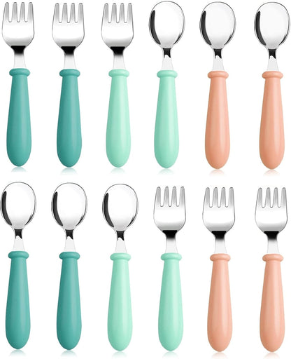Skiennix Toddler Utensils Set - 12-Piece Stainless Steel Forks & Spoons for Safe Self-Feeding | Dishwasher Safe