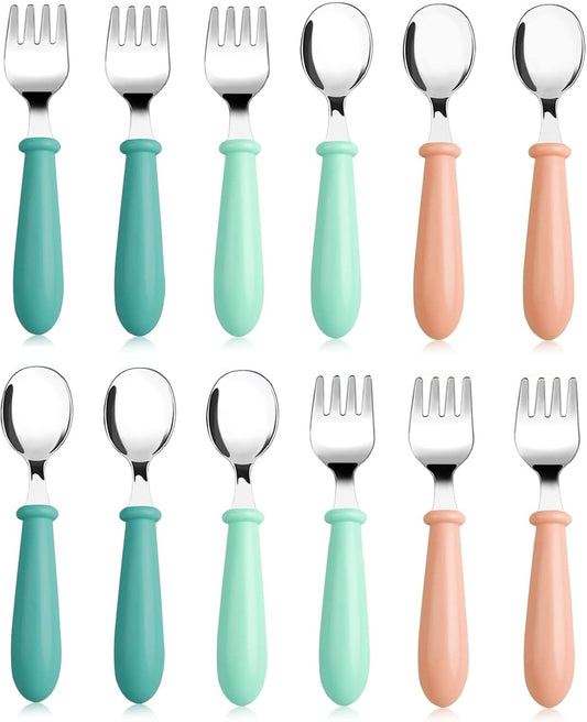 Skiennix Toddler Utensils Set - 12-Piece Stainless Steel Forks & Spoons for Safe Self-Feeding | Dishwasher Safe