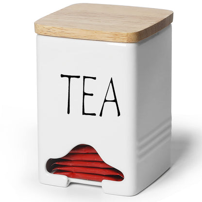 QUXIJA Ceramic Farmhouse Tea Bag Storage Organizer Caddy Holder with Lid (White)