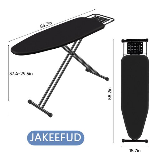 Jakeefud Full Size Ironing Board 15" X 47" with Heat Resistant Cover and Thicken Felt Pad, Safety Iron Rest, Heavy Duty,Anti-Skid Feet, Height Adjustable